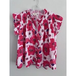 BiBi Pink Floral Blouse Small Smocked Ruffle Sleeve Button Front Top